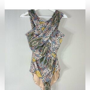 Garnet Hill Riviera Twist-Detail One-Piece Swimsuit in a baroque paisley